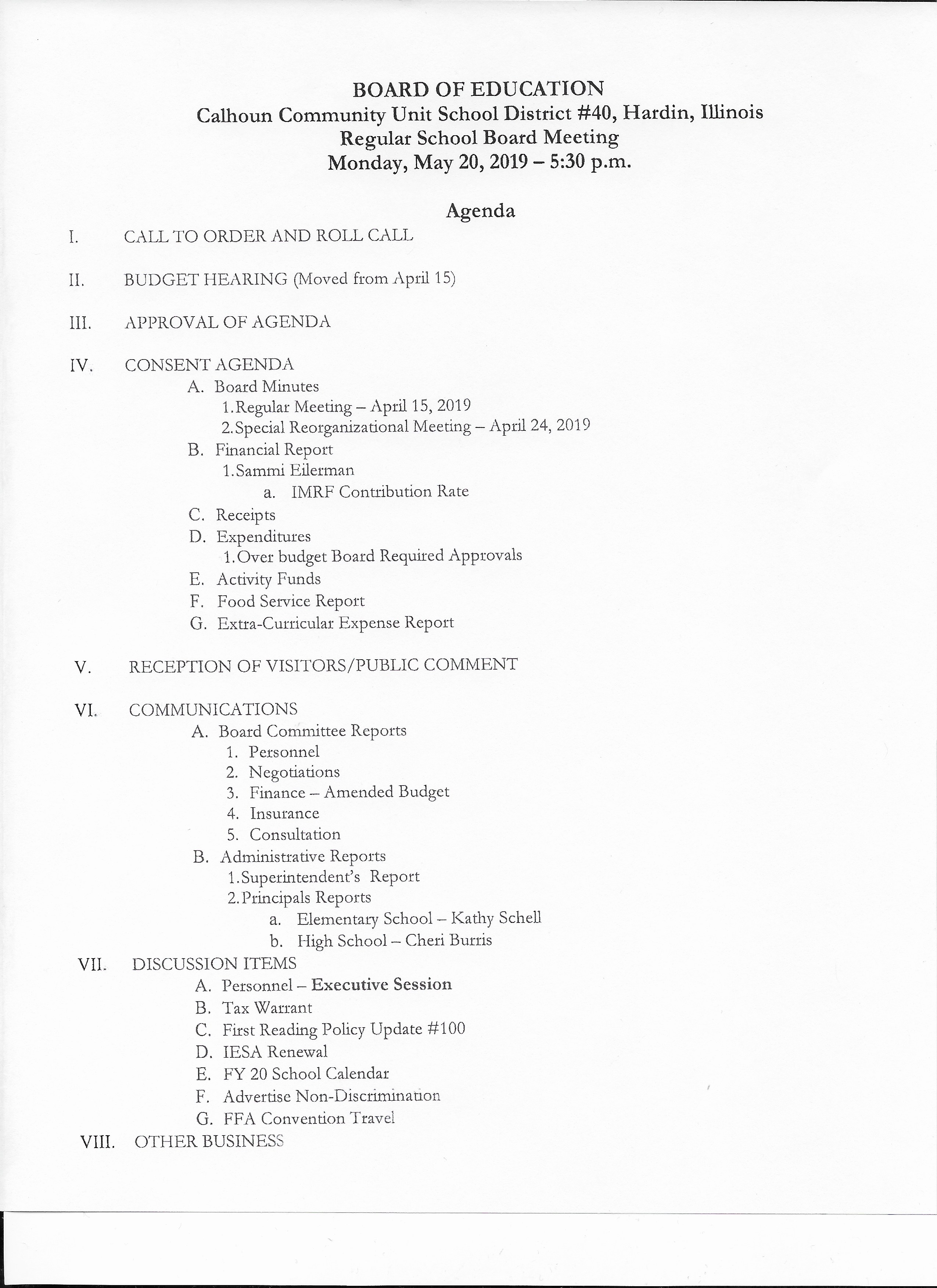 2018 2019 Board Meetings Calhoun Unit 40 2018 2019 Board Meetings Calhoun Unit 40